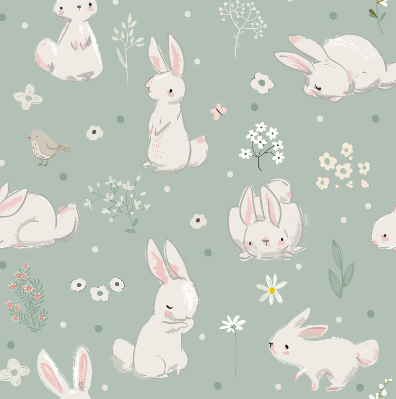 Bunny rabbit and flowers childrens bedroom and nursery decor, pale sage light green