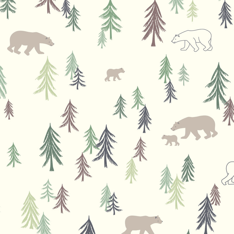 Gender neutral children's bedroom and nursery curtains featuring bears and fir trees