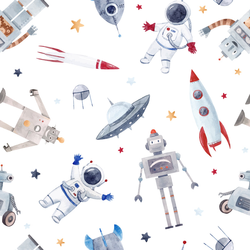 Space and Robot curtains, white freeshipping - Big Little Bedrooms