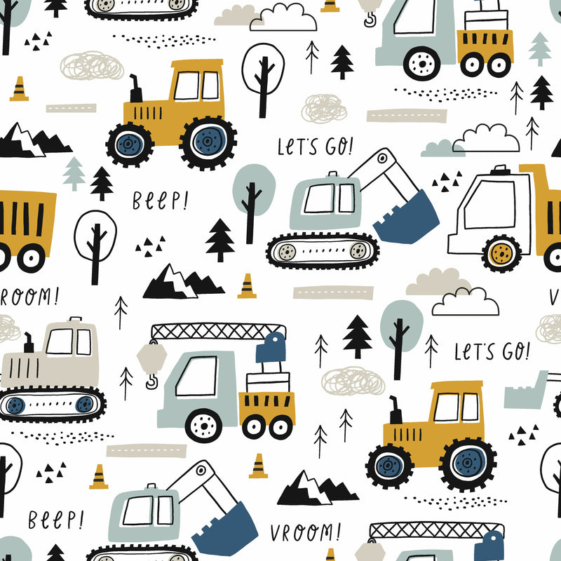 Let's go construction vehicles blackout lined children's bedroom and nursery curtains, pencil pleat or eyelet. Big Little Bedrooms