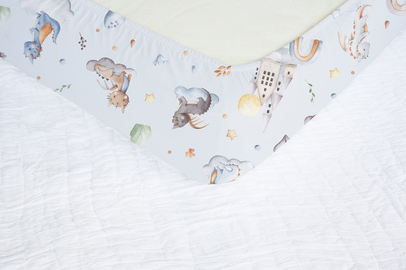 Cot bed fitted sheet, grey dragon babies fantasy themed gender neutral nursery bedding and soft furnishings.