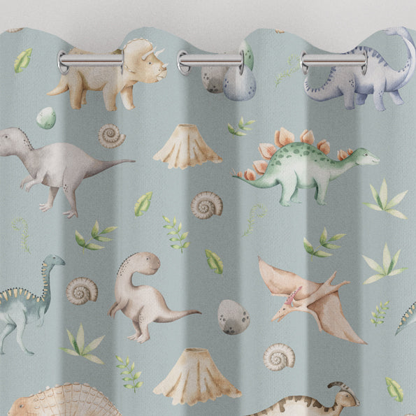 Grey green watercolour dinosaur bespoke children's bedroom and nursery blackout lined curtains, eyelet or pencil pleat. 