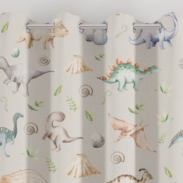 Children's bedroom and nursery blackout lined watercolour dinosaur curtains, natural. Gender neutral eyelet and pencil pleat made to measure children's curtains.