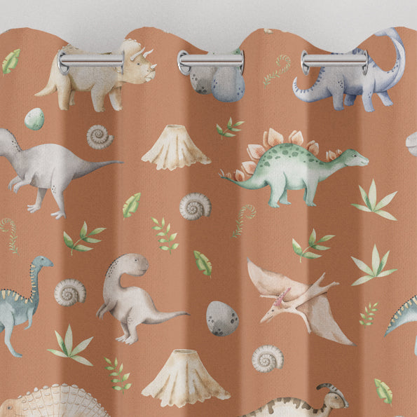 Blackout lined children's bedroom and nursery curtains featuring watercolour dinosaurs on a terracotta background.  Made to measure curtains, custom made to your exact requirements by our professionally trained curtain maker.