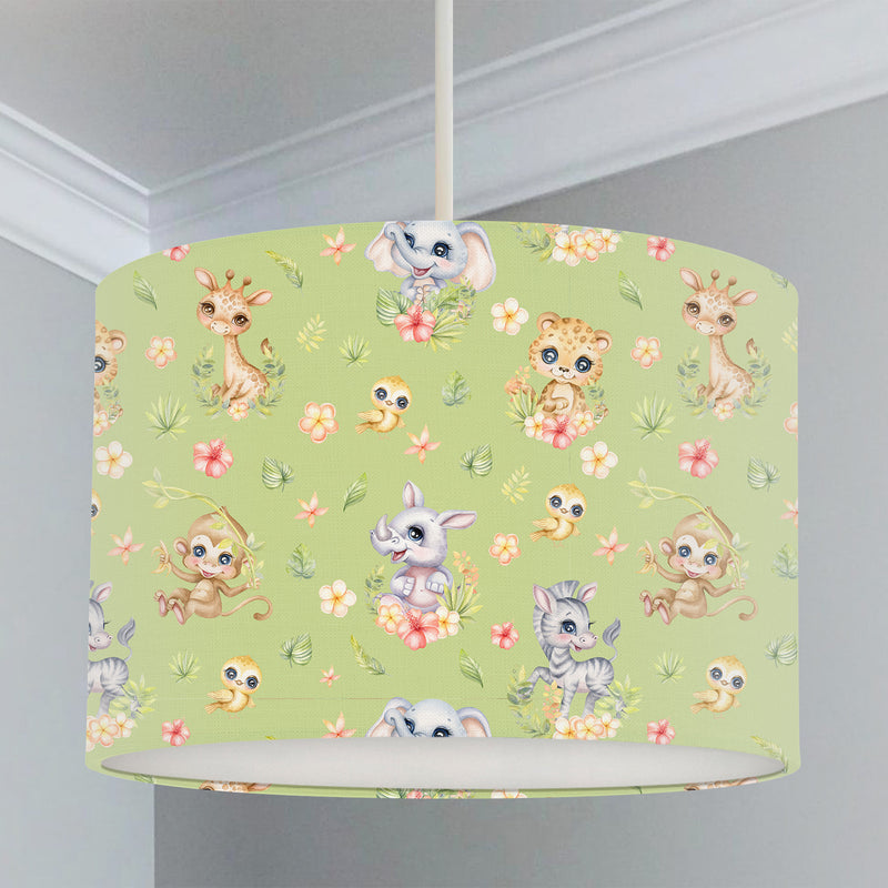 Spring Safari Baby Animals children's bedroom and nursery lampshade, green. This beautiful children's bedroom or nursery lampshade features cute safari baby animals among pretty flowers in bright spring tones of pink, green and yellow. 