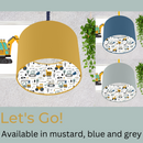 This fun lined ceiling lampshade features our best selling 'Let's Go' pattern featuring construction vehicles including cranes, tractors and diggers on the inside, and your choice of a solid blue, mustard or grey on the outside.  