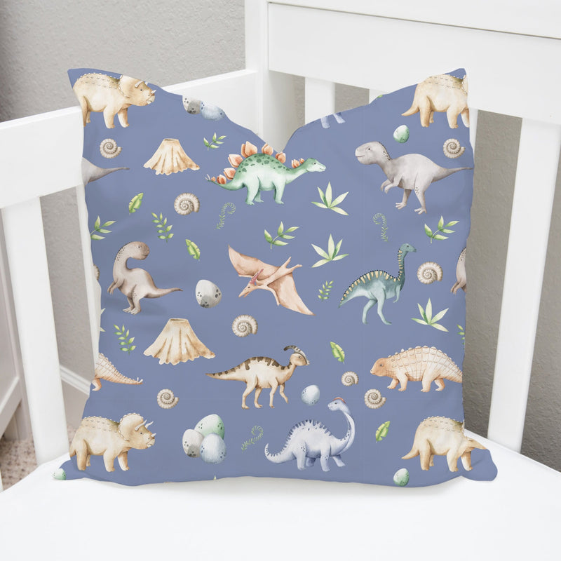 Childrens bedroom and nursery watercolour dinosaurs cushion cover, petrol blue