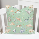 Children's bedroom and nursery watercolour dinosaurs square cotton cushion cover, green. Nursery bedding and soft furnishings. Free shipping. 