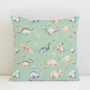 Children's bedroom and nursery watercolour dinosaurs square cotton cushion cover, green. Nursery bedding and soft furnishings. Free shipping. 