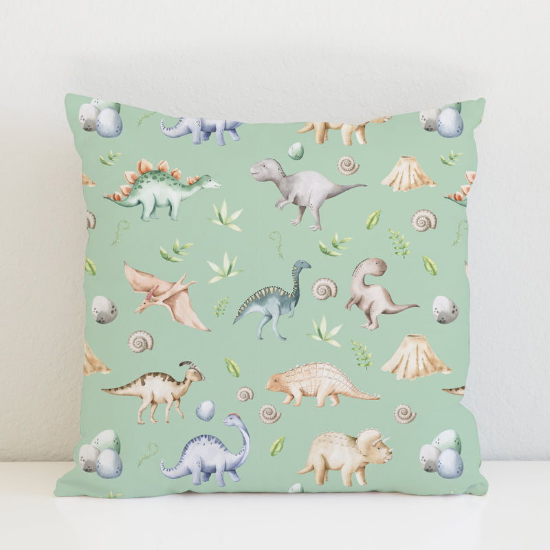 Children's bedroom and nursery watercolour dinosaurs square cotton cushion cover, green. Nursery bedding and soft furnishings. Free shipping. 