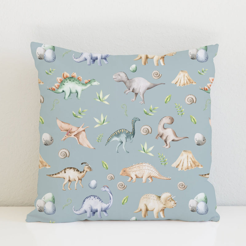 Children's bedroom and nursery watercolour dinosaurs square cotton cushion cover, grey green. Nursery bedding and soft furnishings. Free shipping. 