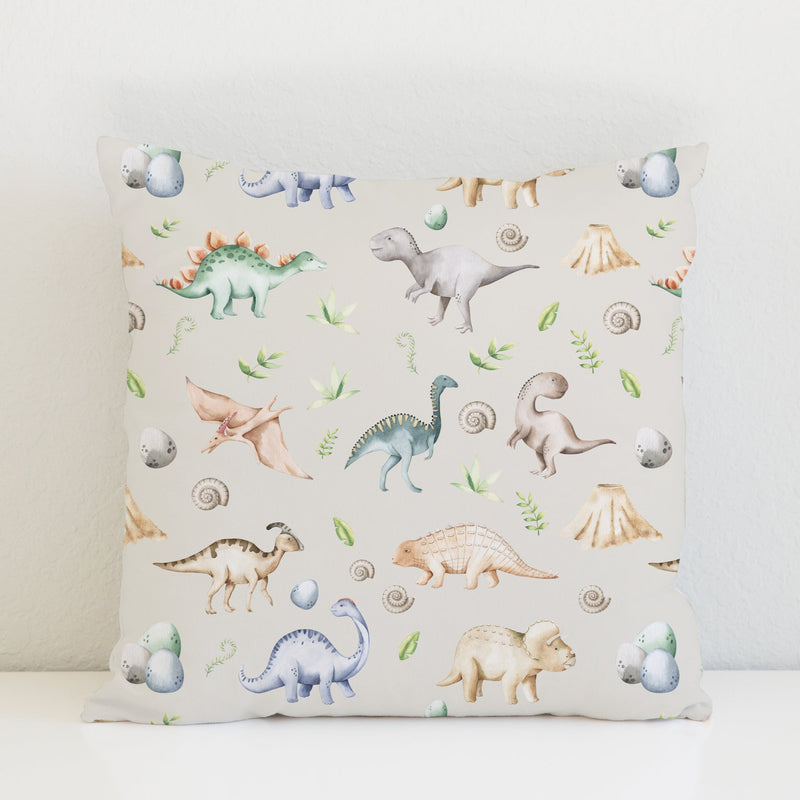 Children's bedroom and nursery watercolour dinosaurs square cotton cushion cover, natural. Nursery bedding and soft furnishings. Free shipping. 