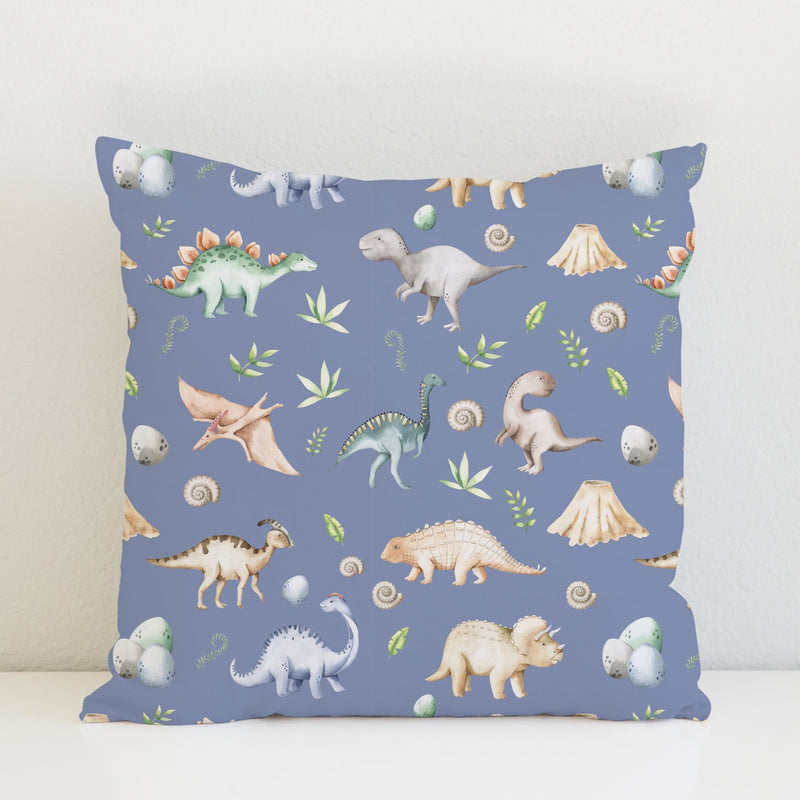 Childrens bedroom and nursery watercolour dinosaurs cushion cover, petrol blue