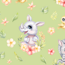 Spring Safari Baby Animals children's bedroom and nursery lampshade, green. This beautiful children's bedroom or nursery lampshade features cute safari baby animals among pretty flowers in bright spring tones of pink, green and yellow. 