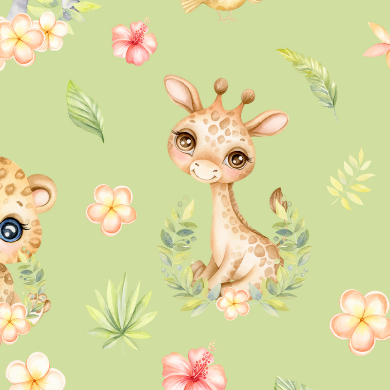 Spring Safari Baby Animals children's bedroom and nursery lampshade, green. This beautiful children's bedroom or nursery lampshade features cute safari baby animals among pretty flowers in bright spring tones of pink, green and yellow. 