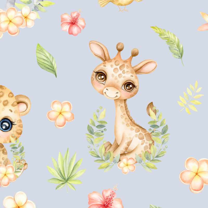 Spring Safari Baby Animals children's bedroom and nursery lampshade, dusky lavender. This beautiful children's bedroom or nursery lampshade features cute safari baby animals among pretty flowers in bright spring tones of pink, green and yellow. 