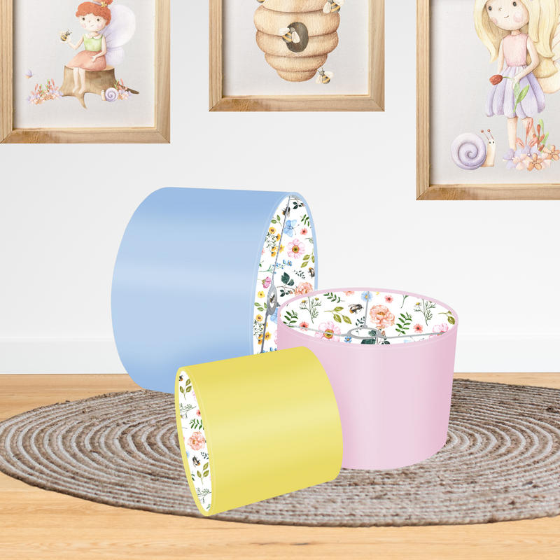 Children's bedroom and nursery lined colourful flowers lampshade, lamp shade, light shade, lightshade in yellow, pink or blue. 