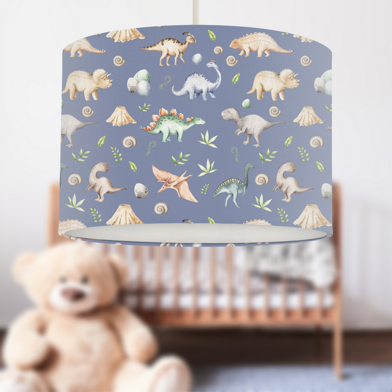 Children's bedroom or nursery watercolour dinosaurs lampshade, petrol blue.