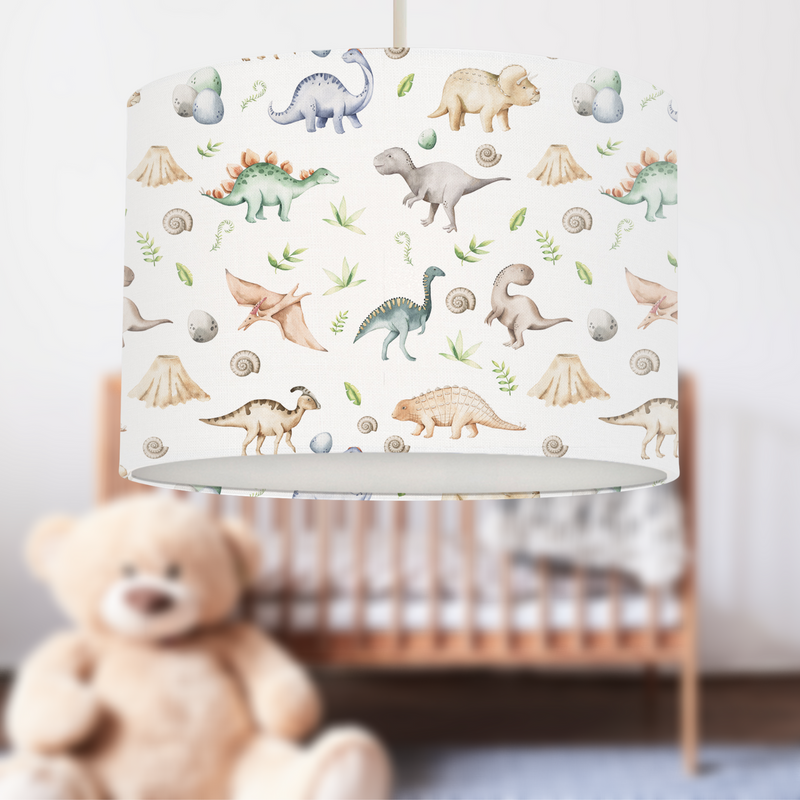 children's bedroom or nursery watercolour dinosaurs lampshade, white.