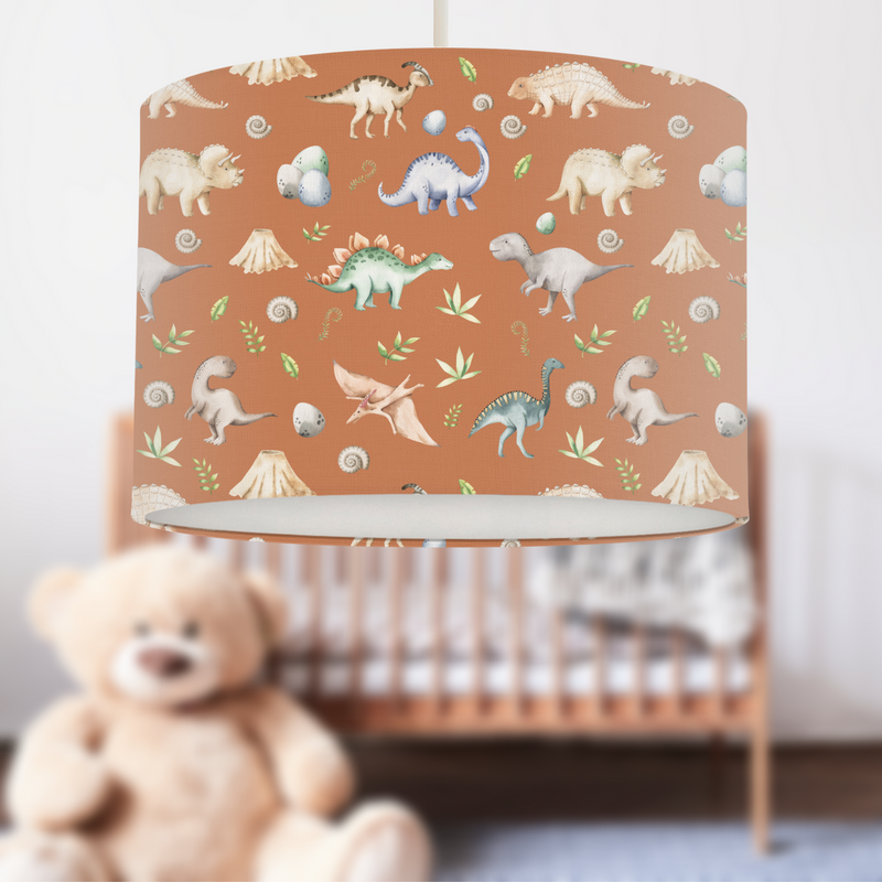 Children's bedroom and nursery watercolour dinosaurs lampshade, terracotta.