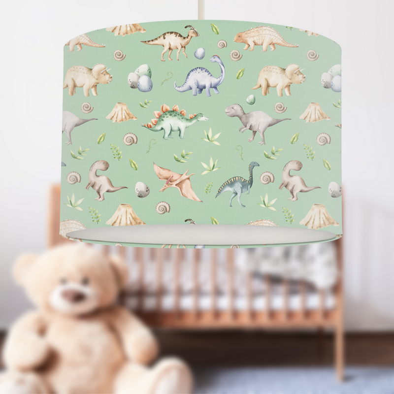 children's bedroom or nursery watercolour dinosaurs lampshade, green. 