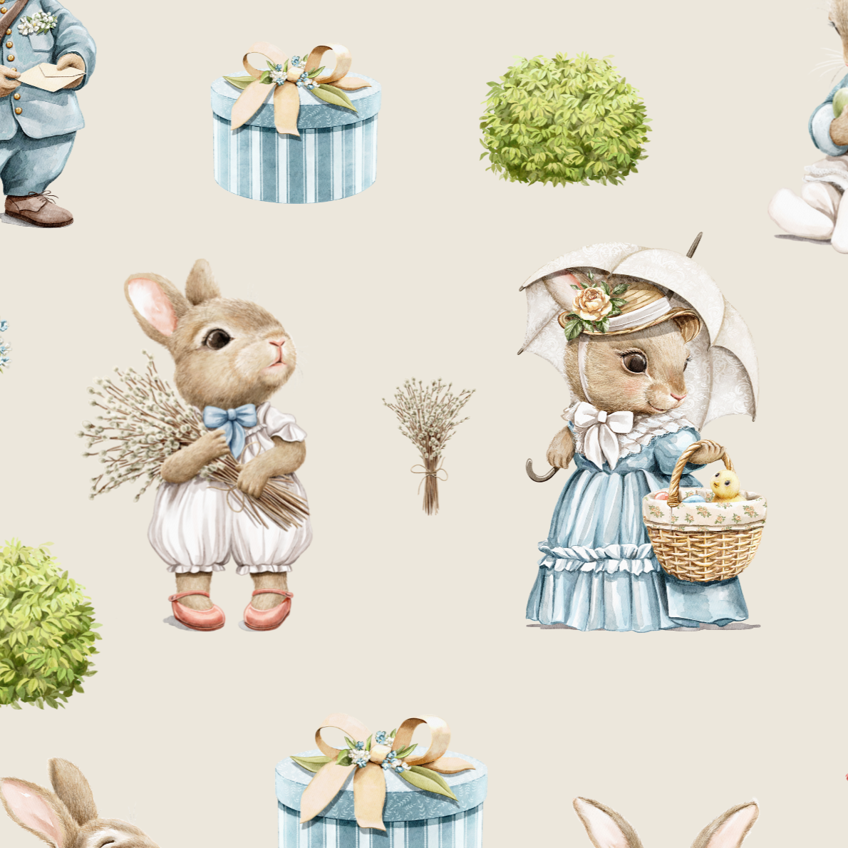 Bunny rabbit family fitted nursery cot sheet, vintage linen, gender neutral