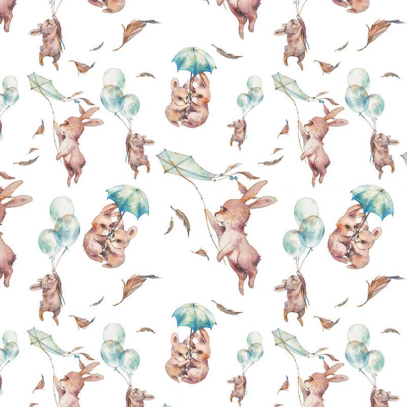 Bunny rabbits, kites, balloons, feathers, windy day, gender neutral children's bedroom and nursery decor