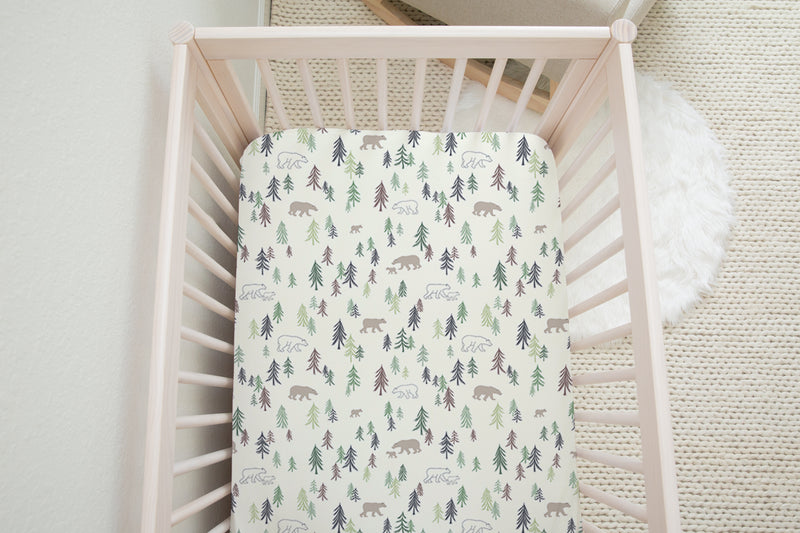 Bear and fir tree nursery fitted cot sheet green and brown