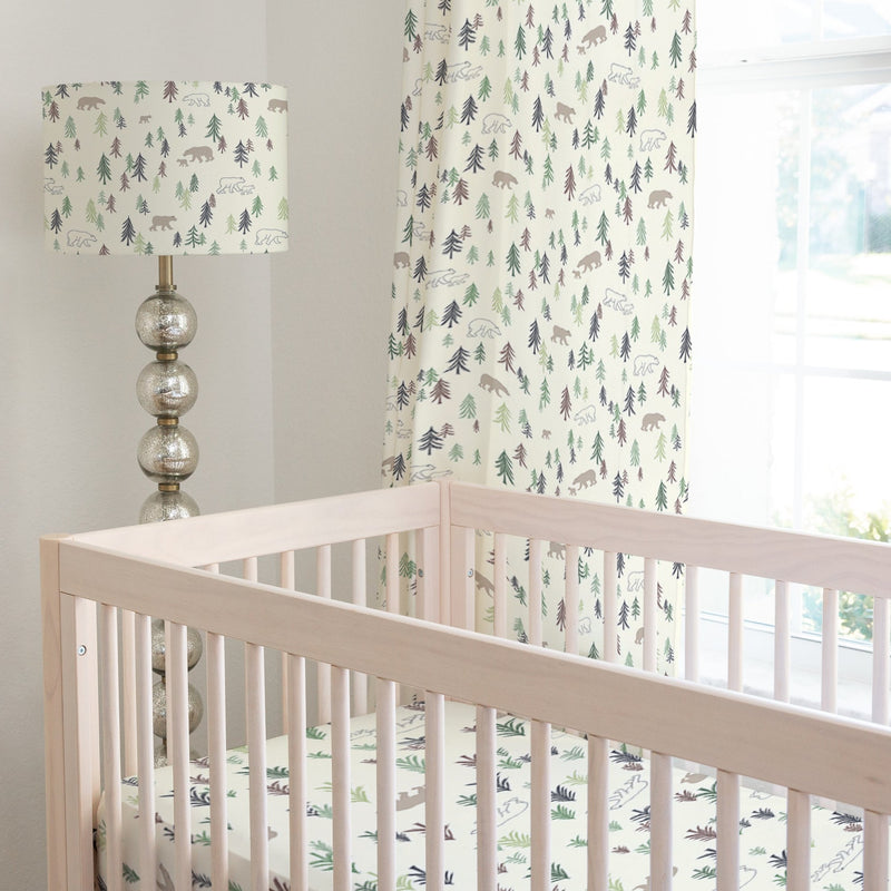 Pale green bears and trees children's bedroom and nursery blackout lined eyelet or pencil pleat curtains