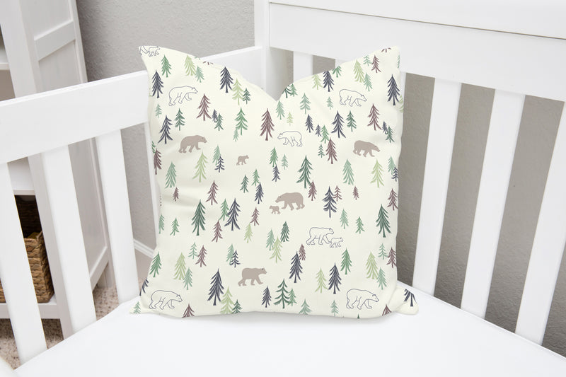 Pale green and brown bear and fir trees children's bedroom and nursery cushion