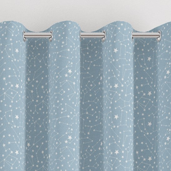 Eyelet constellation print children's bedroom and nursery curtains, white and blue. 