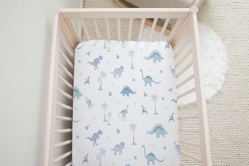 Blue dinosaur fitted cot bed toddler bed sheet- Big Little Bedrooms- Free Shipping
