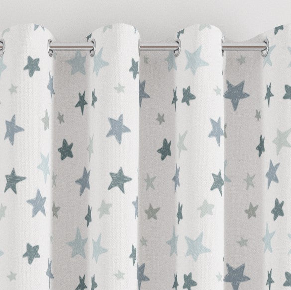Blackout lined blue and grey stars children's bedroom and nursery curtains, pencil pleat and eyelet.