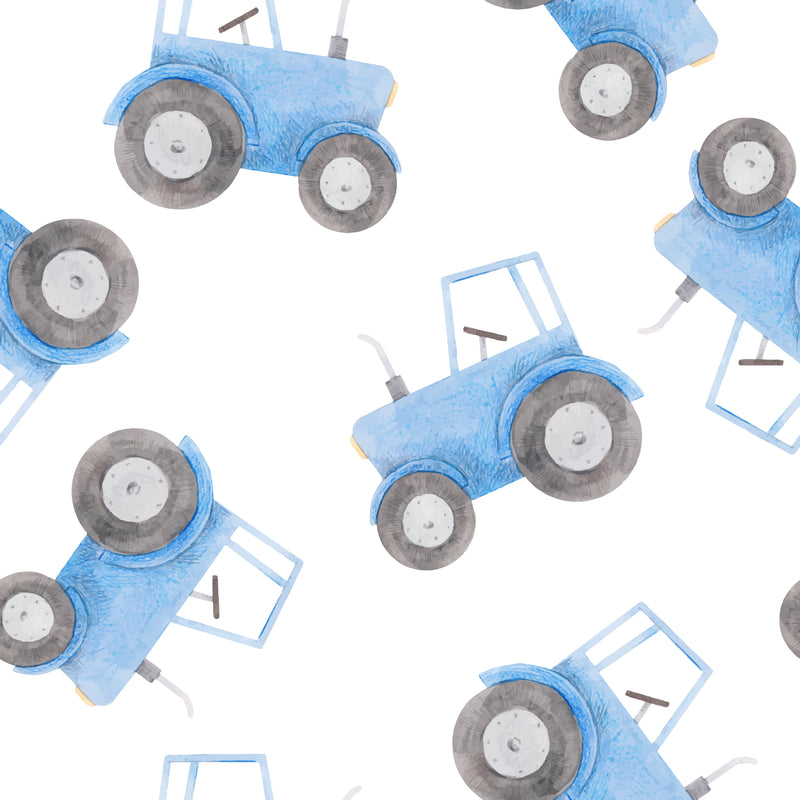 Made to measure blackout lined pencil pleat or eyelet children's bedroom and nursery curtains featuring blue tractors on a white background.