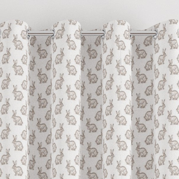 eyelet little rabbits print children's bedroom and nursery curtains, brown and white. 