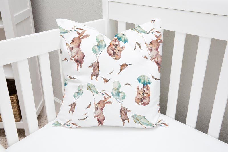 Bunny rabbit, balloons, kites and feathers children's bedrooms and nursery cushion