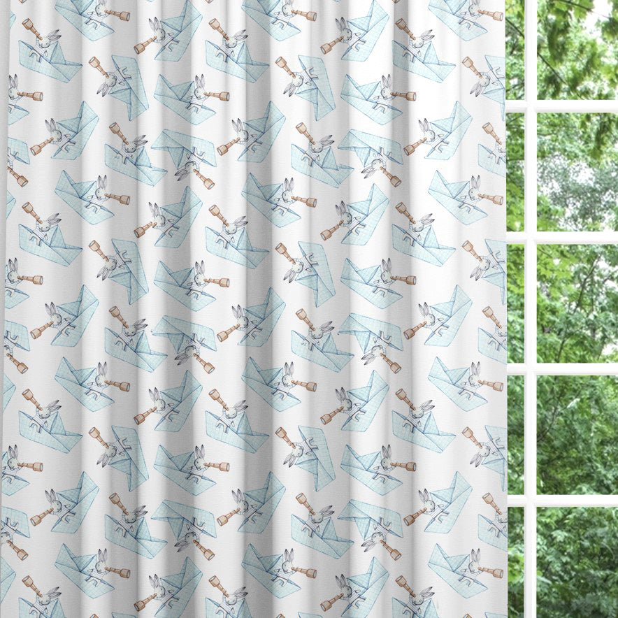 Backout lined children's bedroom and nursery curtains, bunny rabbits, setting sail, paper boats. 