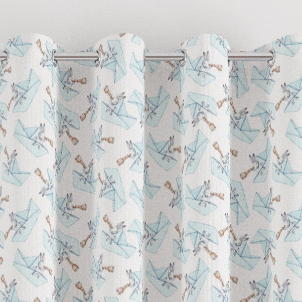 eyelet bunny and boat print children's bedroom and nursery curtains, brown, blue and white. 
