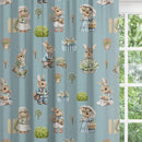Bunny family blackout lined children's bedroom and nursery curtains, pencil pleat and eyelet, seagrass blue