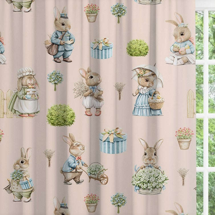 Bunny family blackout lined children's bedroom and nursery curtains, pencil pleat and eyelet, blush pink