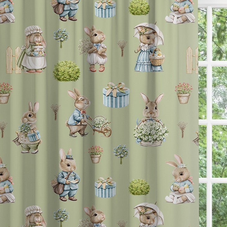 Bunny family blackout lined children's bedroom and nursery curtains, pencil pleat and eyelet, gender neutral sage green