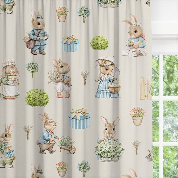 Bunny family blackout lined children's bedroom and nursery curtains, pencil pleat and eyelet, gender neutral vintage linen