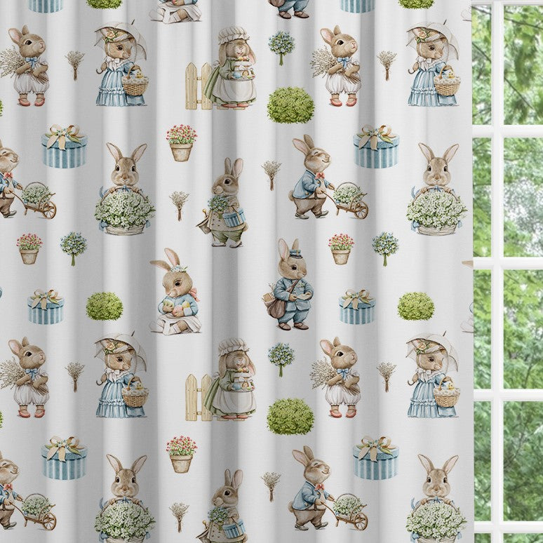 Bunny family blackout lined children's bedroom and nursery curtains, pencil pleat and eyelet, gender neutral white