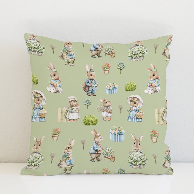 Children's bedroom and nursery bunny rabbit cushion pillow, kids bedding, gender neutral sage green