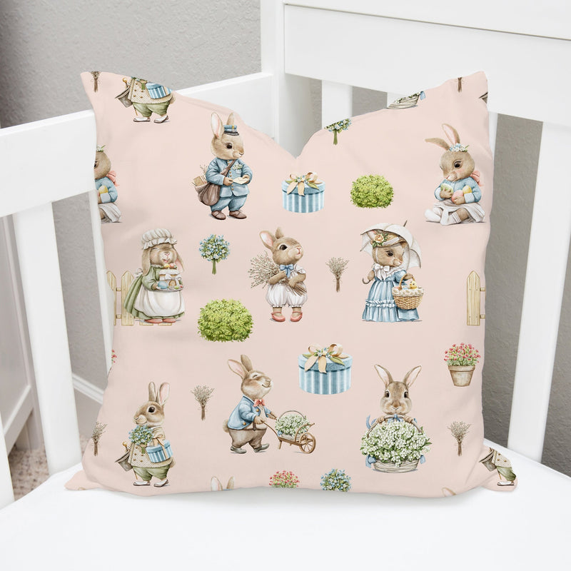 Children's bedroom and nursery bunny rabbit cushion pillow, kids bedding, blush pink
