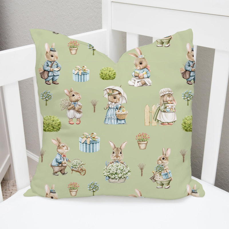 Children's bedroom and nursery bunny rabbit cushion pillow, kids bedding, gender neutral sage green