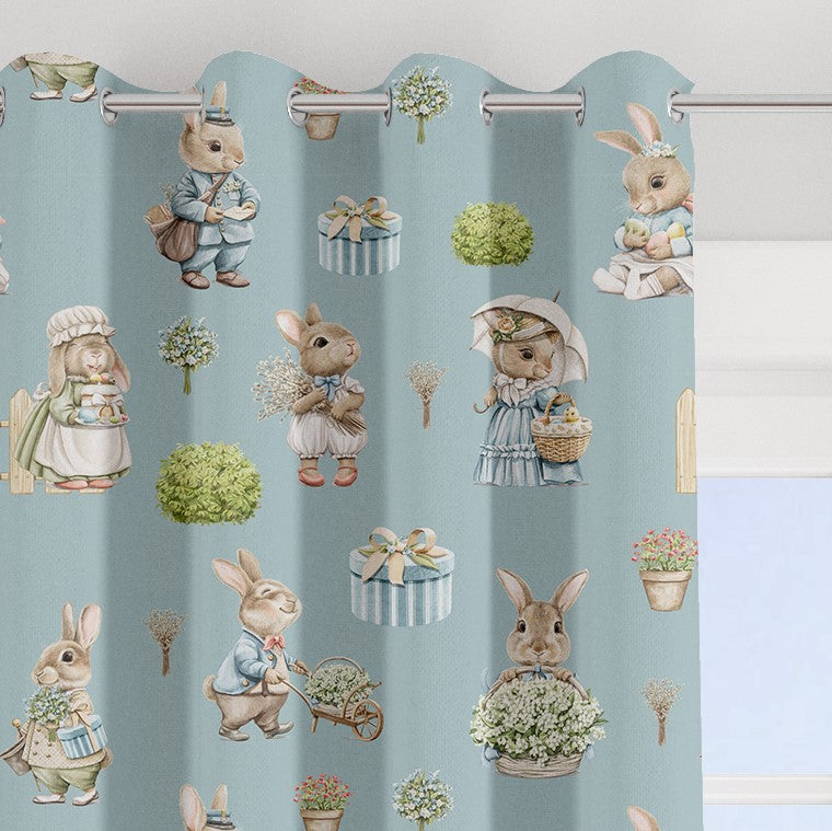 Bunny family blackout lined children's bedroom and nursery curtains, pencil pleat and eyelet, seagrass blue