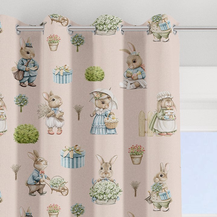 Bunny family blackout lined children's bedroom and nursery curtains, pencil pleat and eyelet, blush pink