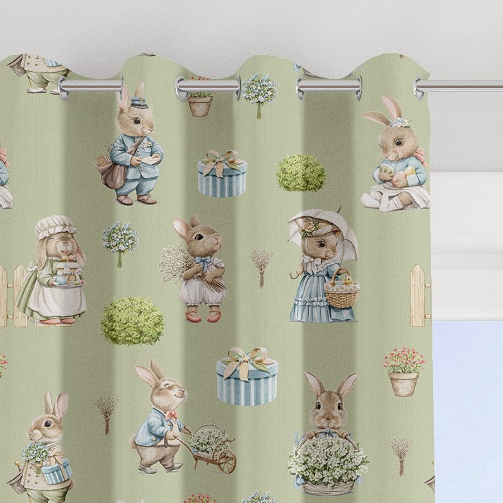 Bunny family blackout lined children's bedroom and nursery curtains, pencil pleat and eyelet, gender neutral sage green