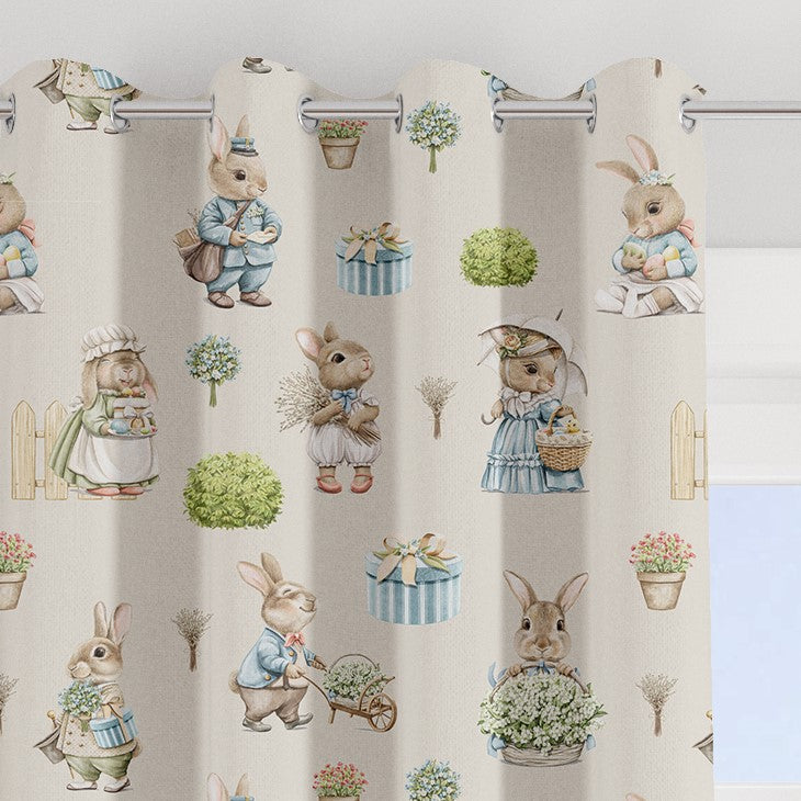 Bunny family blackout lined children's bedroom and nursery curtains, pencil pleat and eyelet, gender neutral vintage linen